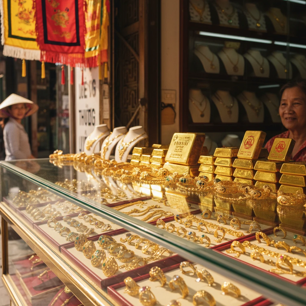 Hình ảnh vàng thỏi và trang sức trong cửa hàng