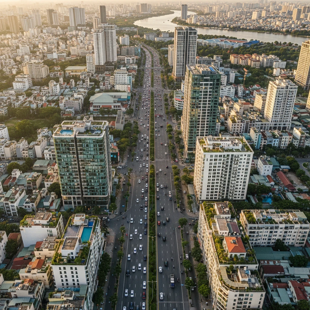 Hình ảnh xa lộ Hà Nội với các tòa nhà chung cư tại Quận 2