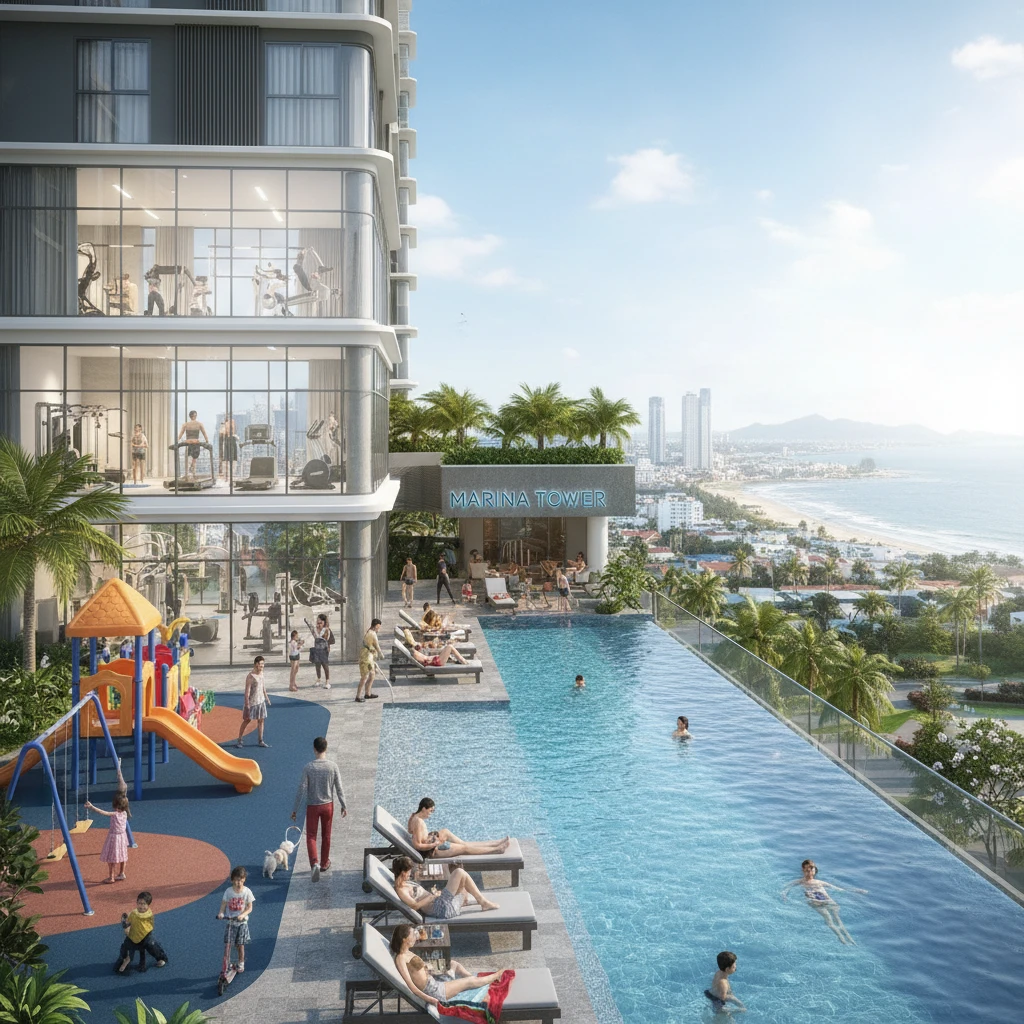 Tiện ích đa dạng của chung cư Marina Tower như hồ bơi, phòng gym